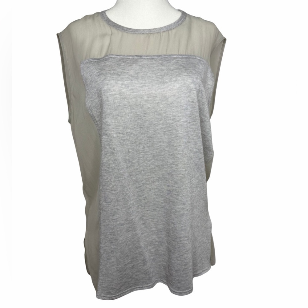 Helmut Lang Dash Silk-Chiffon Combo Gray Round Neck Semi Sheer Blouse Size Small